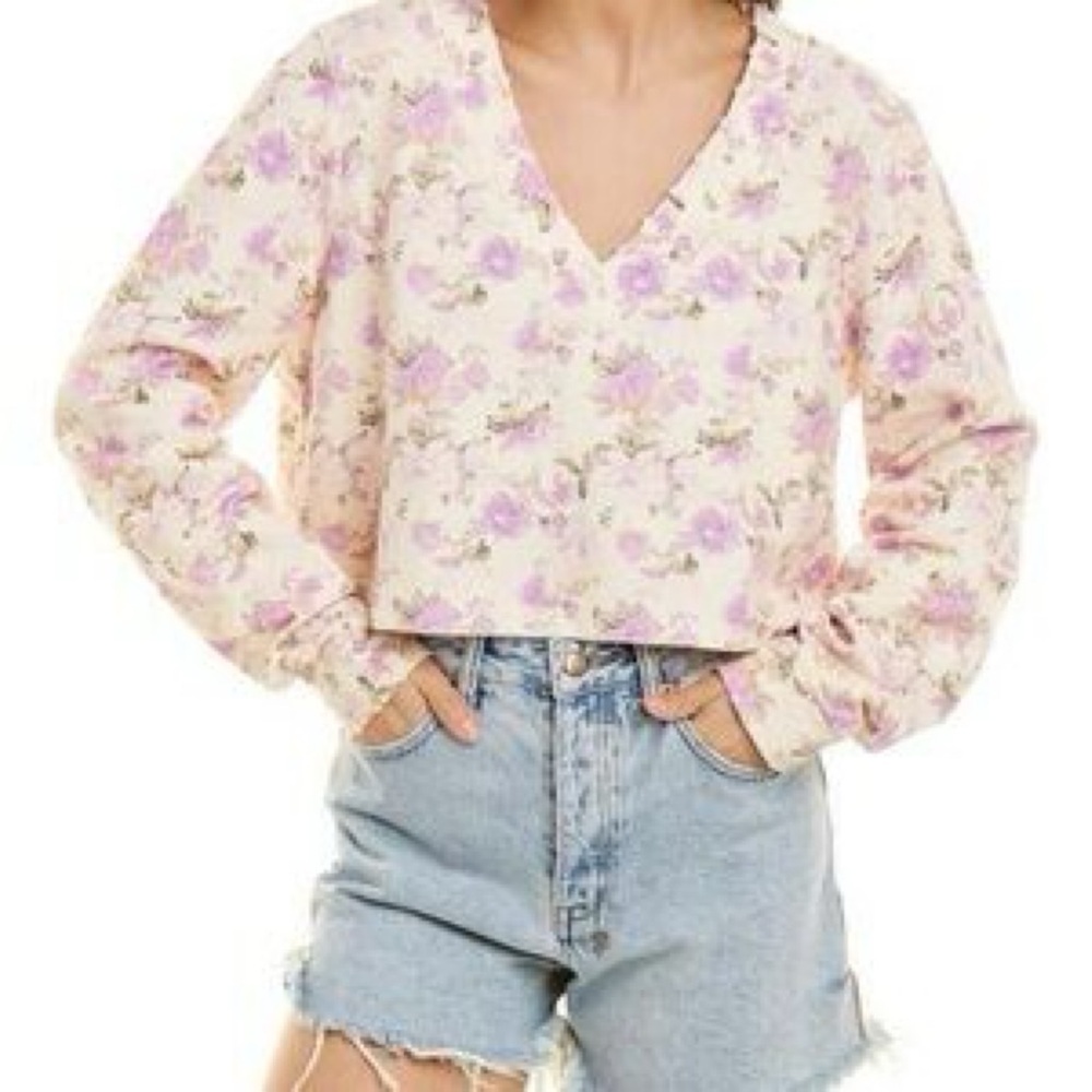 LoveShackFancy Love Shack Fancy Tamika Sweatshirt Cropped V-Neck Floral Sz S